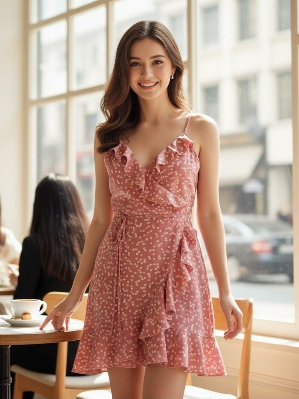 SHEIN Pink Sweet & Flirty Heart Ruffle Wrap‑Style Mini Dress Size Small